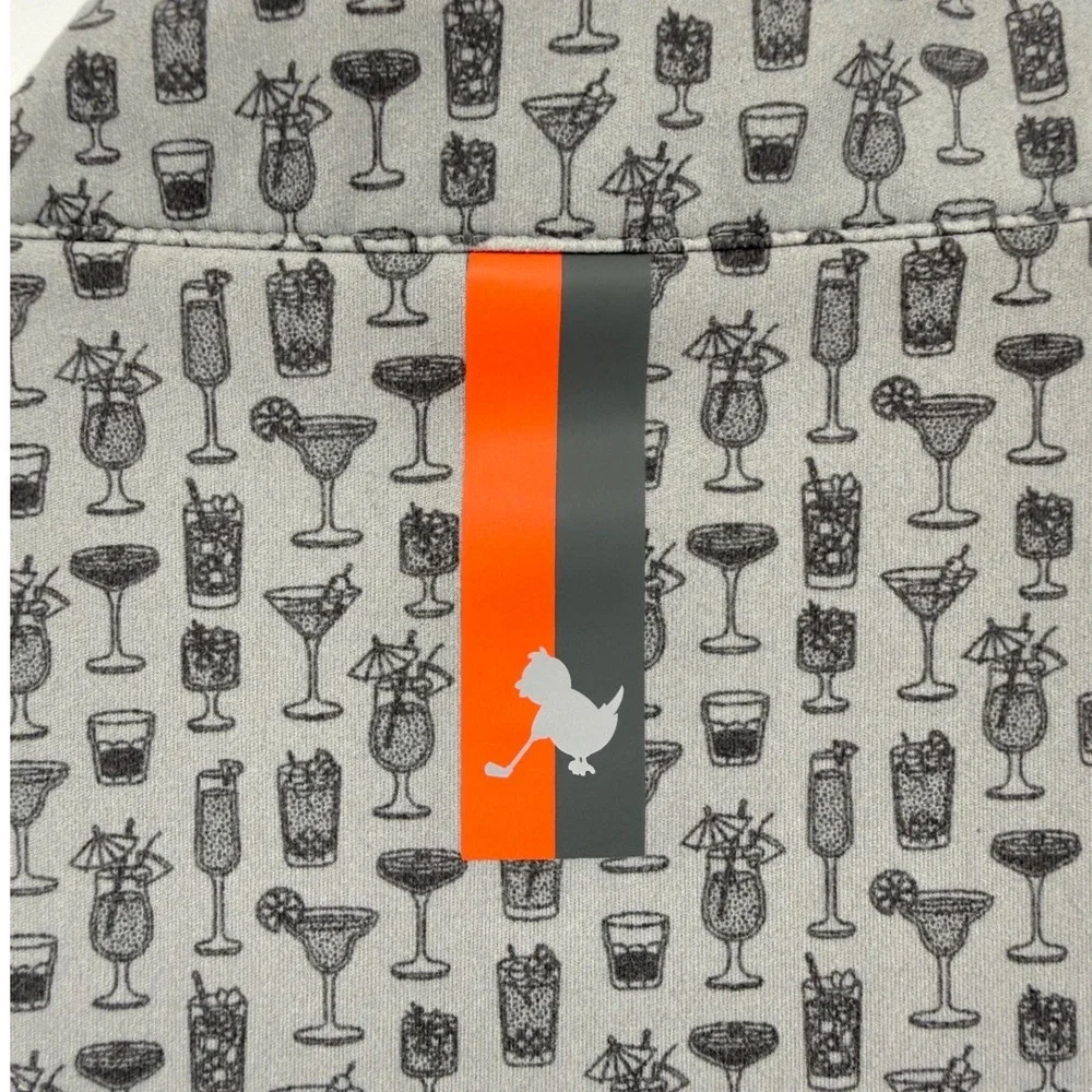 Birdie Bound Mens Large Grey Orange Cocktail Print‎ Quarter Zip Golf Pullover